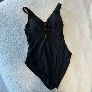 Adore Me size 0X black v-neck lace up tie one piece bathing suit swim suit NWT
